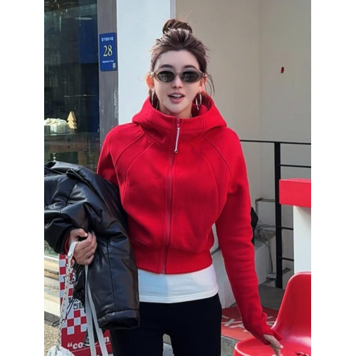 聖誕紅連帽加絨加厚衛衣外套女2024冬季新款休閒百搭短開衫上衣潮 聖誕紅連帽加絨加厚衛衣外套女2024冬季新款休閒百搭短開衫上衣潮