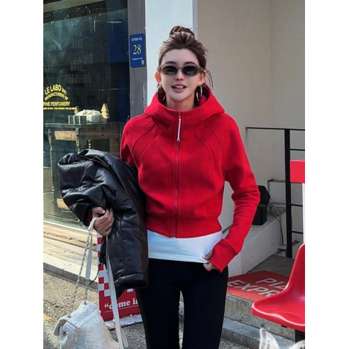 聖誕紅連帽加絨加厚衛衣外套女2024冬季新款休閒百搭短開衫上衣潮 聖誕紅連帽加絨加厚衛衣外套女2024冬季新款休閒百搭短開衫上衣潮
