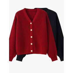 100%純棉開衫外套女短款燈籠袖寬松外穿加厚車厘子紅聖誕紅色毛衣