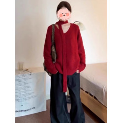 大碼聖誕紅色V領針織毛衣女秋冬新款胖MM寬松顯瘦高級感慵懶上衣