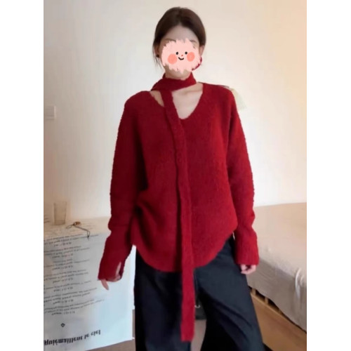 大碼聖誕紅色V領針織毛衣女秋冬新款胖MM寬松顯瘦高級感慵懶上衣