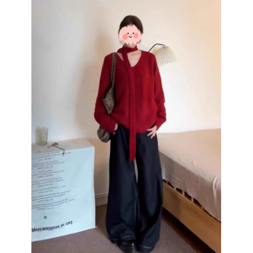 大碼聖誕紅色V領針織毛衣女秋冬新款胖MM寬松顯瘦高級感慵懶上衣