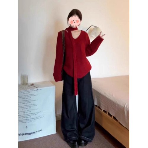 大碼聖誕紅色V領針織毛衣女秋冬新款胖MM寬松顯瘦高級感慵懶上衣