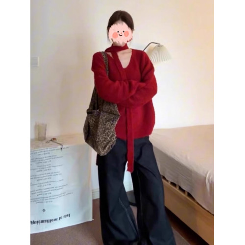 大碼聖誕紅色V領針織毛衣女秋冬新款胖MM寬松顯瘦高級感慵懶上衣