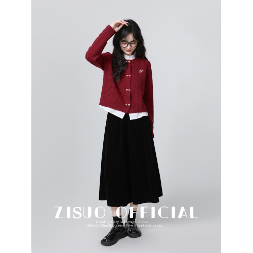 聖誕紅色假兩件毛衣外套女2026秋冬新款襯衫拼接針織開衫短款上衣