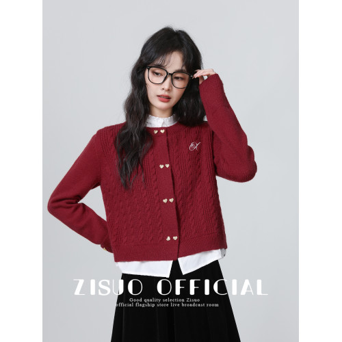 聖誕紅色假兩件毛衣外套女2026秋冬新款襯衫拼接針織開衫短款上衣