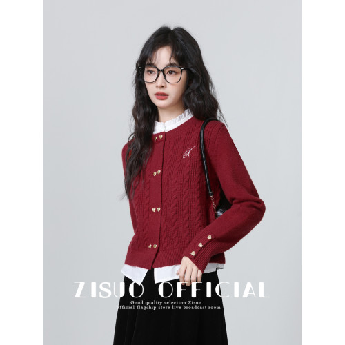 聖誕紅色假兩件毛衣外套女2026秋冬新款襯衫拼接針織開衫短款上衣