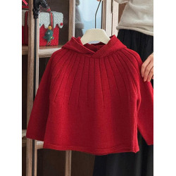 女寶韓版針織衫女孩冬季聖誕紅色洋氣寶寶連帽小紅帽鬭篷毛衣年服