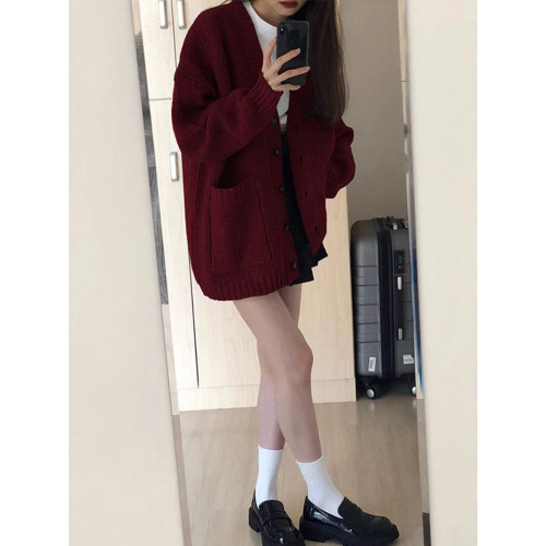 新年聖誕紅色針織毛衣女秋冬新款寬松外穿V領開衫外套慵懶上衣厚 新年聖誕紅色針織毛衣女秋冬新款寬松外穿V領開衫外套慵懶上衣厚