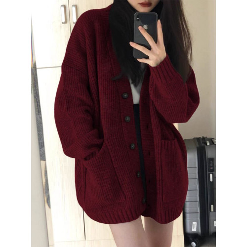 新年聖誕紅色針織毛衣女秋冬新款寬松外穿V領開衫外套慵懶上衣厚 新年聖誕紅色針織毛衣女秋冬新款寬松外穿V領開衫外套慵懶上衣厚