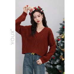 又巷【聖誕紅裝秀】紅色麻花毛衣女2025冬季新款復古v領針織上衣