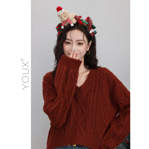 又巷【聖誕紅裝秀】紅色麻花毛衣女2025冬季新款復古v領針織上衣