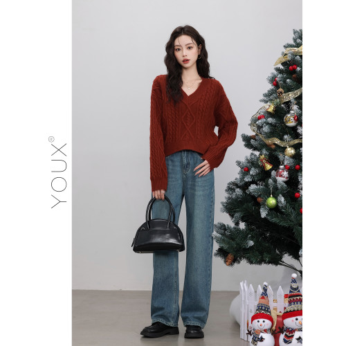 又巷【聖誕紅裝秀】紅色麻花毛衣女2025冬季新款復古v領針織上衣