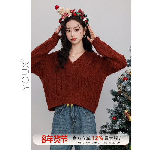 又巷【聖誕紅裝秀】紅色麻花毛衣女2025冬季新款復古v領針織上衣