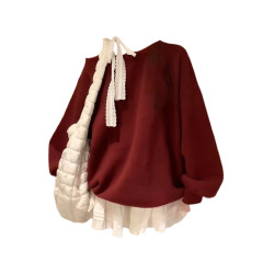 溫柔風針織衫超好看上衣大碼女裝聖誕紅保暖蕾絲拼接吊帶斜肩毛衣