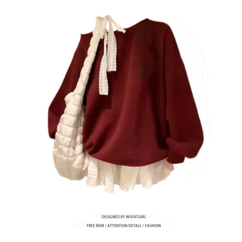 溫柔風針織衫超好看上衣大碼女裝聖誕紅保暖蕾絲拼接吊帶斜肩毛衣