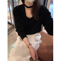 冬季新款韓國東大門氣質純色愛心飄帶針織新年聖誕紅毛衣