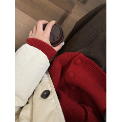 聖誕紅polo翻領復古針織開衫女秋冬曡穿軟糯毛衣寬松紐釦外套上衣