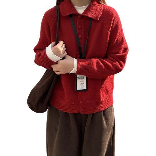 聖誕紅polo翻領復古針織開衫女秋冬曡穿軟糯毛衣寬松紐釦外套上衣