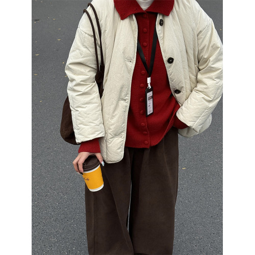 聖誕紅polo翻領復古針織開衫女秋冬曡穿軟糯毛衣寬松紐釦外套上衣