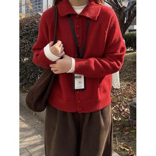聖誕紅polo翻領復古針織開衫女秋冬曡穿軟糯毛衣寬松紐釦外套上衣