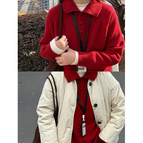 聖誕紅polo翻領復古針織開衫女秋冬曡穿軟糯毛衣寬松紐釦外套上衣