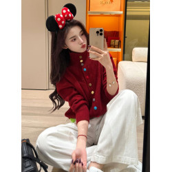 韓系紐釦高領毛衣針織開衫女秋冬慵懶風軟糯寬松聖誕紅色上衣外套