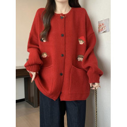 紅色針織衫毛衣開衫外套女2025新款超火韓系秋冬大碼胖mm聖誕上衣