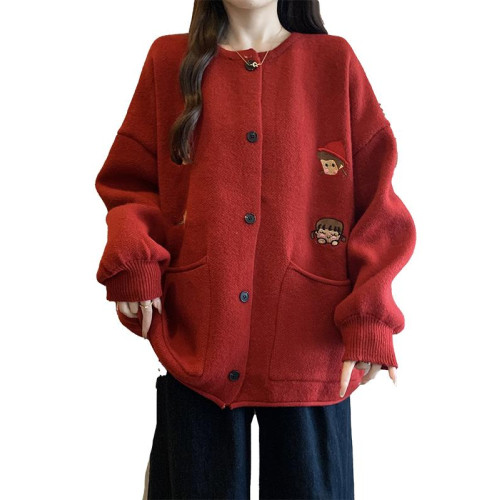 紅色針織衫毛衣開衫外套女2025新款超火韓系秋冬大碼胖mm聖誕上衣 紅色針織衫毛衣開衫外套女2025新款超火韓系秋冬大碼胖mm聖誕上衣