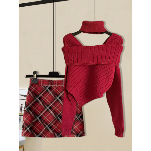設計感純欲辣妹女秋冬新款聖誕紅掛脖不規則毛衣格紋短裙兩件套裝 設計感純欲辣妹女秋冬新款聖誕紅掛脖不規則毛衣格紋短裙兩件套裝