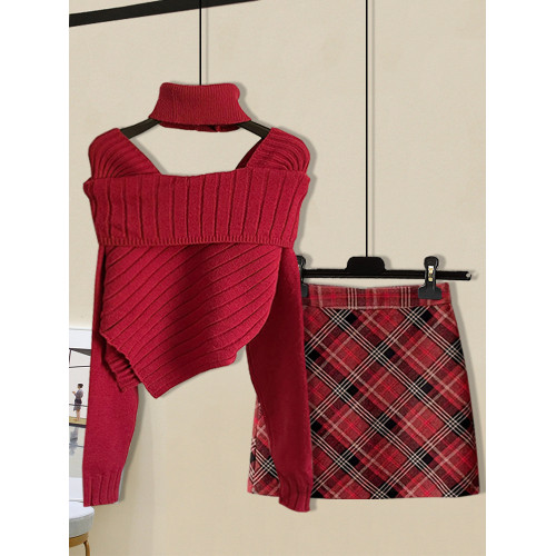 設計感純欲辣妹女秋冬新款聖誕紅掛脖不規則毛衣格紋短裙兩件套裝 設計感純欲辣妹女秋冬新款聖誕紅掛脖不規則毛衣格紋短裙兩件套裝