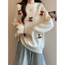 高級感新年聖誕紅色櫻桃加厚毛衣上衣大碼女裝秋冬款慵懶風針織衫