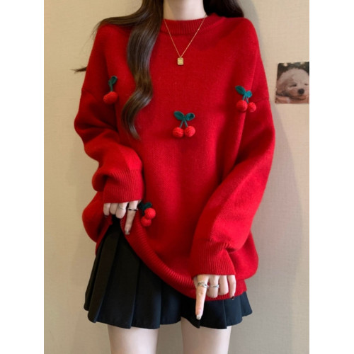 高級感新年聖誕紅色櫻桃加厚毛衣上衣大碼女裝秋冬款慵懶風針織衫