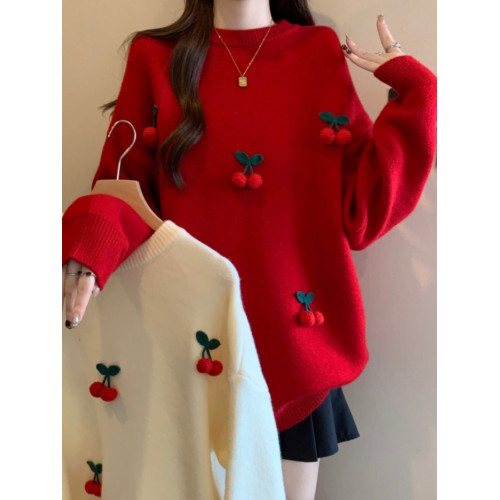 高級感新年聖誕紅色櫻桃加厚毛衣上衣大碼女裝秋冬款慵懶風針織衫