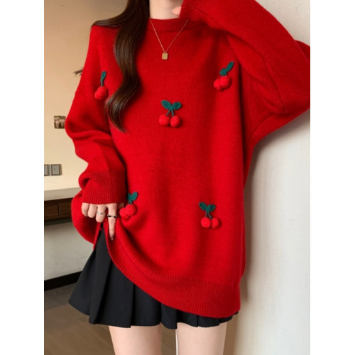 高級感新年聖誕紅色櫻桃加厚毛衣上衣大碼女裝秋冬款慵懶風針織衫