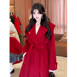 高級感聖誕紅色氛圍感毛呢外套女冬季新款中長款收腰系帶呢子大衣