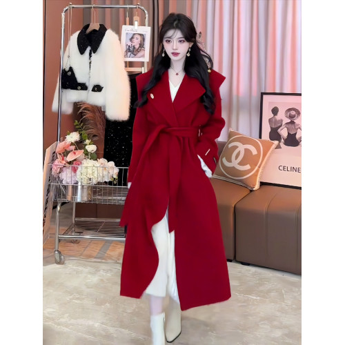 高級感聖誕紅色氛圍感毛呢外套女冬季新款中長款收腰系帶呢子大衣