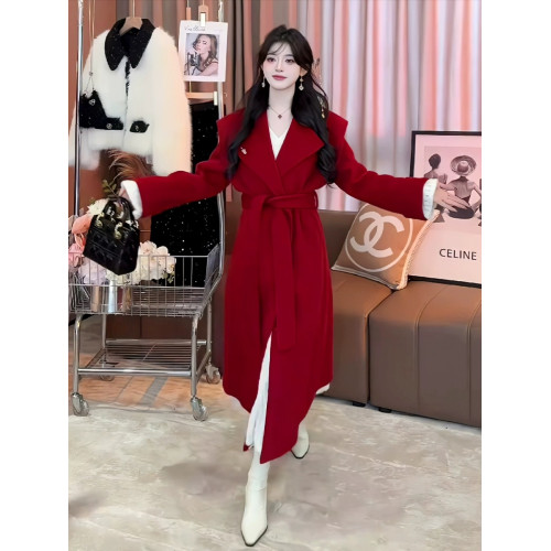 高級感聖誕紅色氛圍感毛呢外套女冬季新款中長款收腰系帶呢子大衣