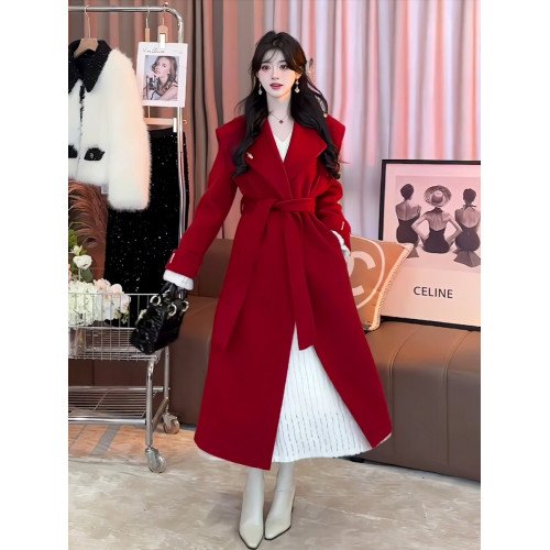 高級感聖誕紅色氛圍感毛呢外套女冬季新款中長款收腰系帶呢子大衣