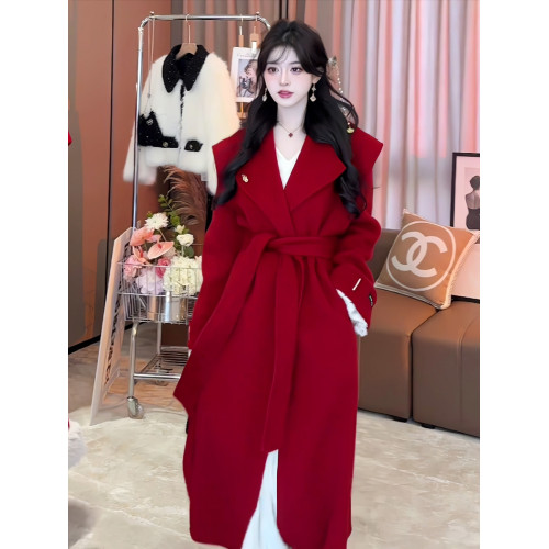 高級感聖誕紅色氛圍感毛呢外套女冬季新款中長款收腰系帶呢子大衣