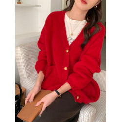 軟糯水貂絨v領毛衣開衫外套女秋季寬松慵懶風聖誕紅色針織衫上衣