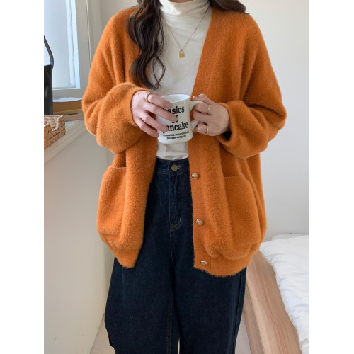 軟糯水貂絨v領毛衣開衫外套女秋季寬松慵懶風聖誕紅色針織衫上衣