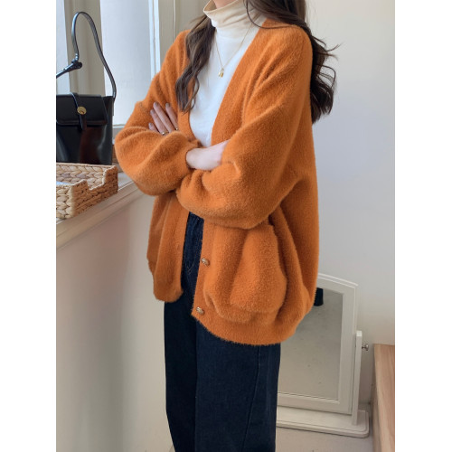 軟糯水貂絨v領毛衣開衫外套女秋季寬松慵懶風聖誕紅色針織衫上衣