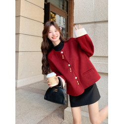 新年聖誕紅色小個子短款呢子外套女冬季新款甜美顯瘦氣質名媛毛呢