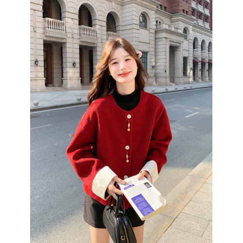 新年聖誕紅色小個子短款呢子外套女冬季新款甜美顯瘦氣質名媛毛呢