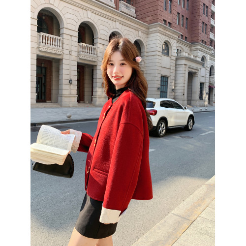 新年聖誕紅色小個子短款呢子外套女冬季新款甜美顯瘦氣質名媛毛呢