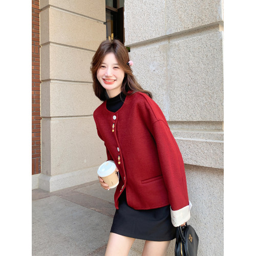 新年聖誕紅色小個子短款呢子外套女冬季新款甜美顯瘦氣質名媛毛呢