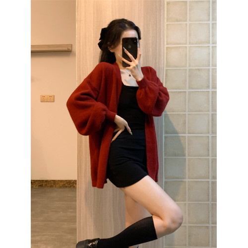 聖誕紅色毛衣外套女寬松慵懶風高級感燈籠袖秋冬外穿披肩針織開衫