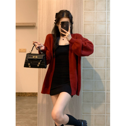 聖誕紅色毛衣外套女寬松慵懶風高級感燈籠袖秋冬外穿披肩針織開衫