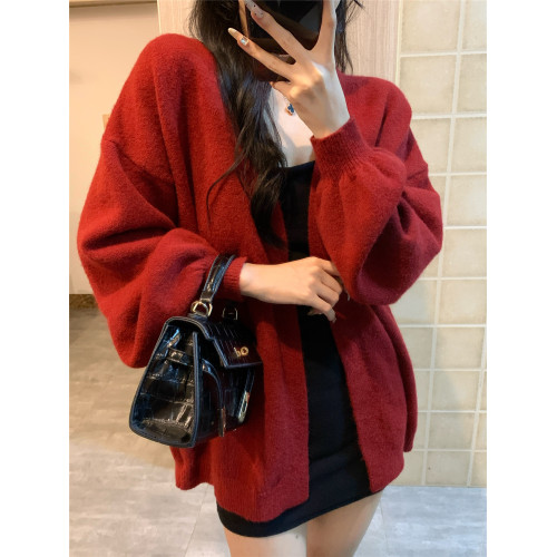 聖誕紅色毛衣外套女寬松慵懶風高級感燈籠袖秋冬外穿披肩針織開衫